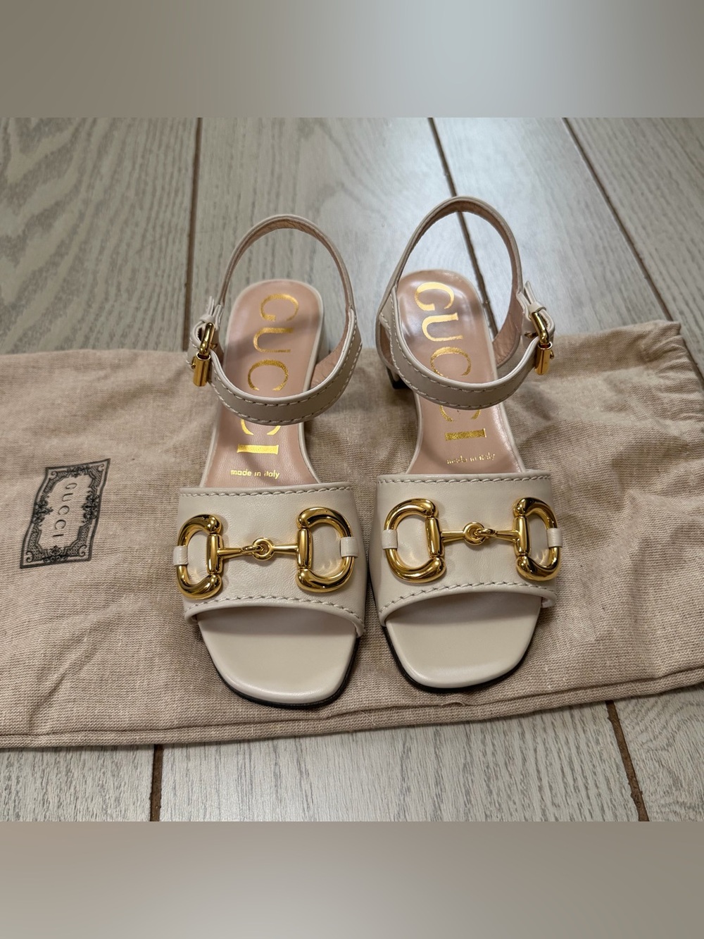 Authentic Gucci Ivory Leather Horsebit Slingback Sandals with Gold Hardware